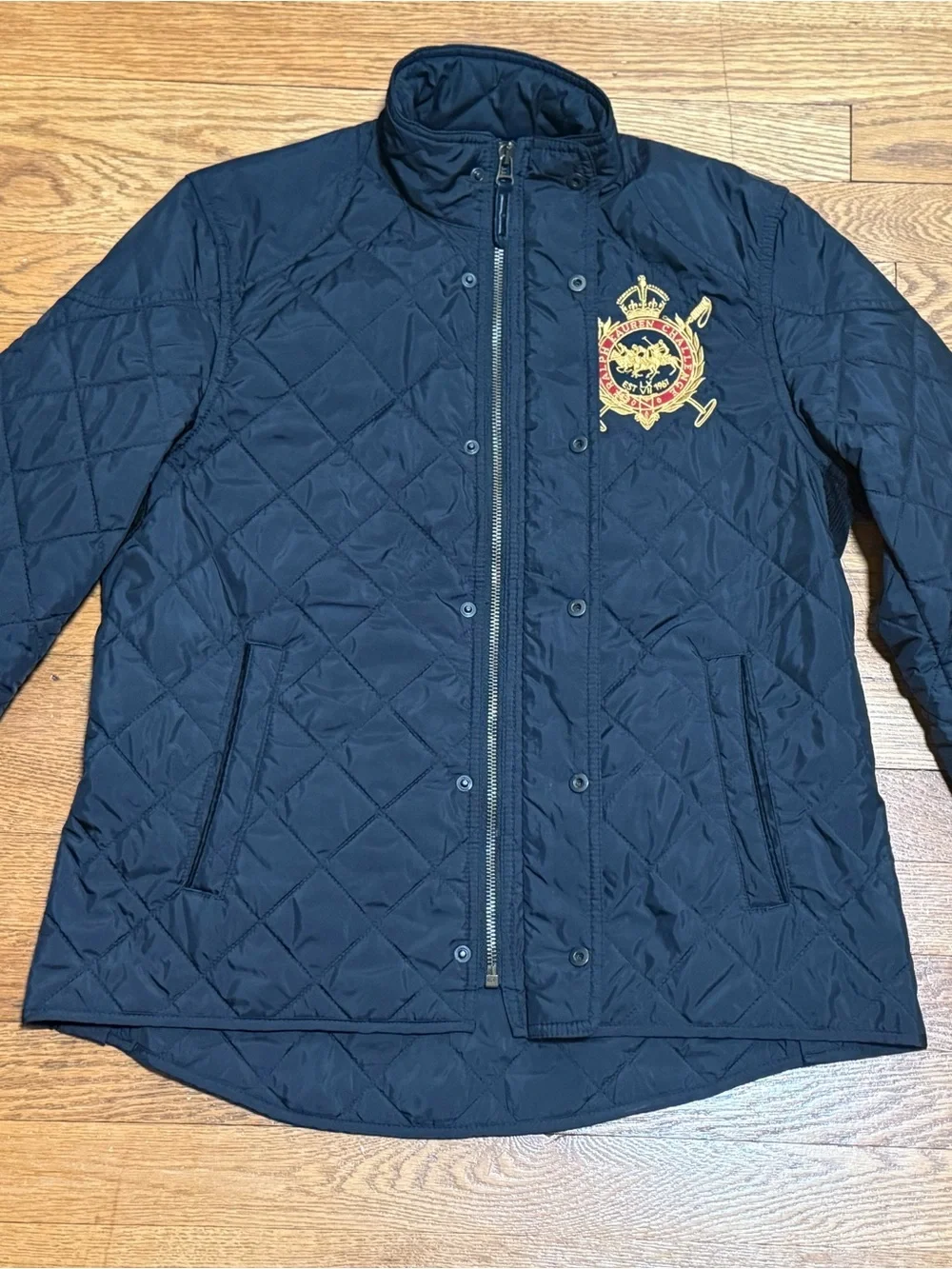 Ralph Lauren Sport Black Diamond-Quilted Riding Jacket w/Embroidered Crest Logo